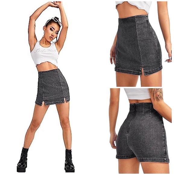 NWOT Distressed Denim Split Hem High Waist Skort - Picture 1 of 12